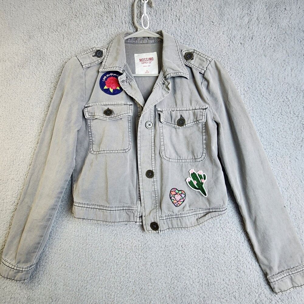 Mossimo Supply Co Jean Jacket Womens Gray Button Up Artsy Brat Patches Sz XS